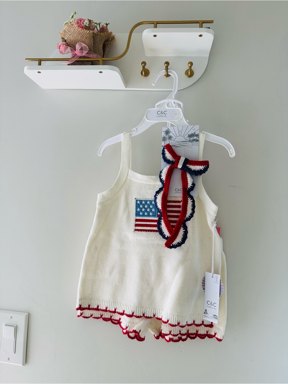 C.C Kids Cream Knit Tank and shorts with Red & Navy Trim and Flag Patch